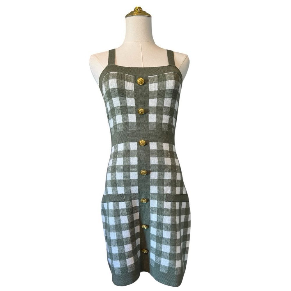 Coco and Shay Green and White Plaid Knit Dress with Gold Buttons Small S - Picture 2 of 8